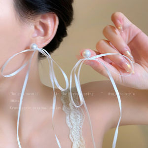Sweet Long Pearl Ribbon Drop Earrings for Girls Ballet Style Fairy Dust Butterfly Knot Design Fashionable Jewelry Accessories
