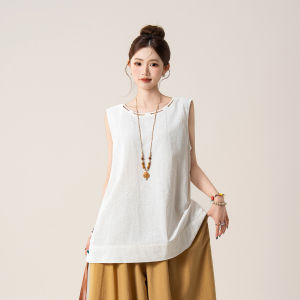SHANGWEILUO | Áo Mùa Hè cổ tròn không tay màu vàng Vintage