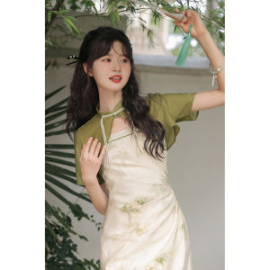 Ling Yi New Chinese Style Elegant Dress Womens Summer New Arrival Chinese Style Improved Cheongsam Slimming Slip Dress Two-piece Set