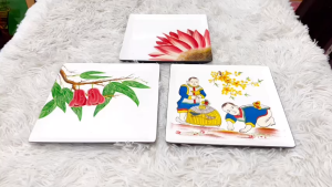 Dĩa vuông sơn mài cao cấp Thanh Bình Lê họa tiết da dạng size 24 cm