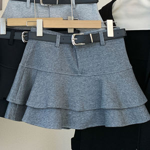 กระโปรงทรงเอเอวสูงทรงเค้กหนาปานกลางสีเทาลายหางปลา กระโปรงสั้นทรงเอแบบพองขากลวงสองชั้น ฤดูใบไม้ร่วง/ฤดูหนาว