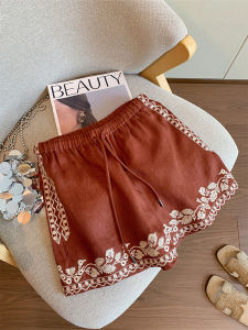 XUNZHU | Retro Embroidered Jacquard High Waist Drawstring Wide Leg Slim Shorts
