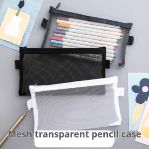1pc Large Capacity Zipper Pencil Case Simple Transparent Mesh Student Pencil Bag stationery storage bag
