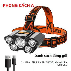 Đèn Pha 5 Đèn LED Có Thể Sạc Lại Với Pin 18650 Tích Hợp Đèn Pha Ánh Sáng Mạnh Để Cắm Trại Phiêu Lưu Đèn Pin Câu Cá