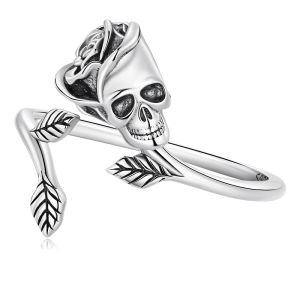 BAMOER 925 Sterling Silver Skull & Rose Ring for women Fashion Adjustable ring Gift SCR879
