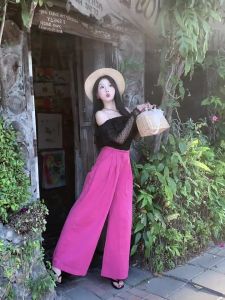 Quần Ống Rộng Màu Hồng Phong Cách Hàn Quốc Mùa Xuân Mới Rộng Rãi Thoải Mái Cạp Cao Dài Thường Ngày Bằng Vải Polyester