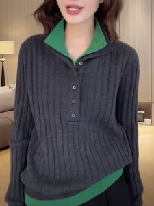 Color Block Long Sleeve Knitwear Casual Versatile Comfortable Korean Style Poem Elegant Office Wear Spring Autumn Seasonal