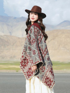 ผ้าคลุมไหล่ถักสไตล์ย้อนยุคสไตล์ชาติพันธุ์สำหรับผู้หญิง ผ้าคลุมไหล่ท่องเที่ยวในจีนตะวันตกเฉียงเหนือ ผ้าคลุมไหล่สำหรับฤดูใบไม้ร่วงและฤดูหนาว