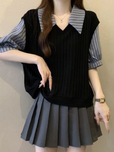 AIYITI | Large Size Women Stripe Splice Faux Two-Piece Short Sleeve Loose Shirt