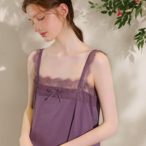 XEXZ | ชุดนอนผู้หญิงคอวีแขนกุดลูกไม้คอตตอนแท้สไตล์หวานฤดูร้อน 2023 ชุดนอนผู้หญิงคอตตอนแท้สไตล์เซ็กซี่