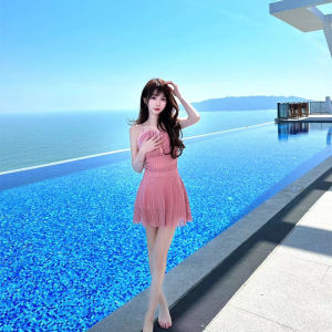 Pink Retro One-Piece Swimsuit Womens Summer Slimming Neck Hanging Fairy Tale Conservatism Skirt Style Swimming Costume