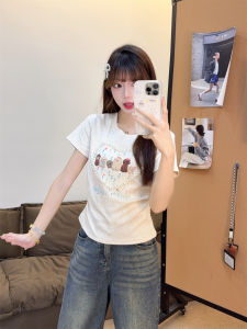 Cute Dog Print T-Shirt Womens Short Sleeve Slim Fit Shoulder Length Cotton Blend Comfortable Breathable Sweet Girl Style