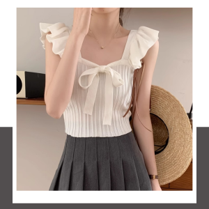 SM Ruffle Edge Tank Top Solid Color Bow Knot Tank Top Gentle Korean Style Sleeveless Top