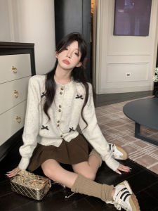 Fashionable Long Sleeve Knitted Sweater Coat Womens Oatmeal Butterfly Knot Design Sensation Autumn New Style Casual Wear