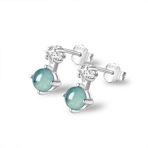 Natural A-grade Jade Blue Round Bead Rhombus Zircon Women Silver Earrings with Certificate
