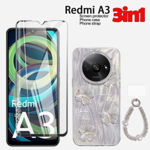For Redmi A3 case POCO C61 tempered glass Redmi 13c Redmi note 13 Feathered case Four-leaf clover painted protective case Full-screen tempered glass Pearl + rhinestone lanyard