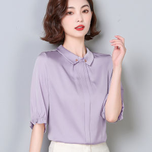 Small Shirt Womens Western Style Fashion Silk Shirt Short Sleeve Summer New Peter Pan Collar Classy Dignified Sense of Design Thin Top