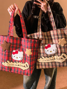 Cute Kt Cat Red Plaid Canvas Tote Bag Womens Japanese Cartoon Student Class Handheld Large Capacity Single Shoulder Bag