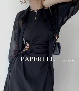 สีดำ Hollow Out เอว เส้น แขนกุด ผู้หญิง เดรส ฤดูร้อน พรางหุ่น ทรงเอ กระโปรงยาว สไตล์เกาหลี คอกลมสูง เอว Midi เดรส