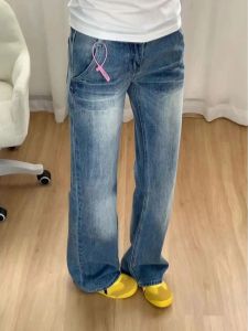 ต่ํา เอว ขากว้าง กางเกงยีนส์ ผู้หญิง ดีไซน์ พรางหุ่น หลวม หลากหลาย ตรง กางเกงขายาว ผ้าเดนิมสีน้ําเงินซีดจาง กางเกงขายาว