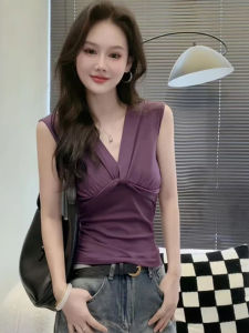 Spicy Girl Style Knot Neckline Sleeveless Vest Womens Fashion Summer New Waist Cinching Slimming Top Casual Pure Color