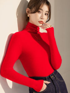 Red High Collar Thickened Knitted Sweater Womens Slim Fit Christmas Style Base Shirt Autumn Winter Inner Wear Body Shape