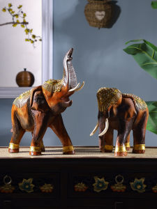 Thai Style Wooden Carved Elephant Decorative Figurines Couple Living Room Entrance Bar Cabinet Moving Gift Solid Wood Sculpture
