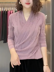 QINGNAER | Versatile Slimming Plus Size Light Purple Glitter V-neck T-shirt