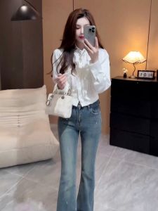 เสื้อเชิ้ตแขนยาวสไตล์ฝรั่งเศสสำหรับผู้หญิง ทรงหลวม ทรงสั้น ทรงลำลอง เสื้อเชิ้ตผู้หญิงฤดูใบไม้ร่วง ผ้าฝ้ายผสมโพลีเอสเตอร์