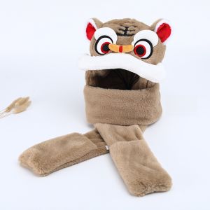 SHIPAILUO | Thickened Fleece Childrens Hat Set Windproof Lion Dance Cap Plush Integrated Scarf Gloves Hat For Girls Boys Travel Round Top Short Brim