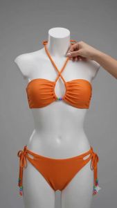 JEWELRY SEN Women Orange Beaded Criss‑Cross Halter Bikini Set 2‑Piece Cut‑Out Side Tie Summer Beach Bathing Suit