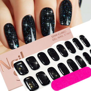 16 Tips Black Glitter Semi-Cured Gel Nail Stickers +1Pcs Nail File Full Cover Self-Adhesive Nail Strips UV/LED Nail Polish Wraps