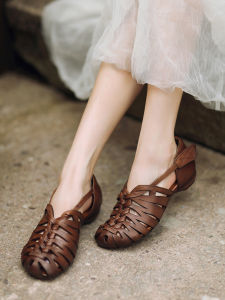 Handwoven Roman Style Leather Sandals for Women Vintage Flat Heel Comfortable Breathable Mom Shoes Low Cut Easy to Wear Daily