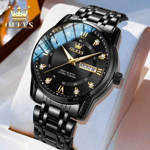 OLEVS jam tangan pria otomatis dewasa 2024 anti air mewah elegan bercahaya kalender berlian dial tali jam baja tahan karat