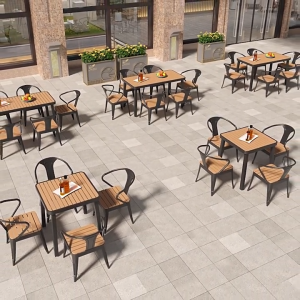 Outdoor Table Garden Table Waterproof WPC Wood Yard Dining Table Balcony Coffee Table Metal Frame