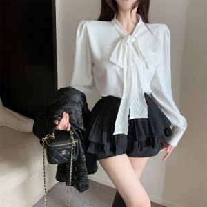 GUZILIAN | Sweet Gentle Lace Trim Butterfly Knot Long Sleeve Shirt High Waist Puffy Cake Skirt Pants Set Ladylike Slim Fit Online Exclusive Lantern Sleeve Hooded Coat