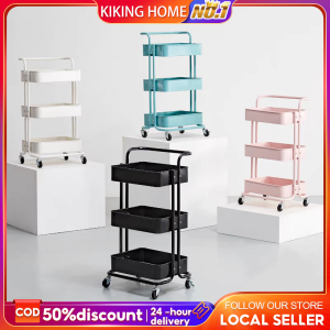 3 Layer Multipurpose Trolley Kitchen Storage Trolley with Wheels ABS Tray Kitchen Shelf Movable Storage Trolley Living Room Bedroom Trolley