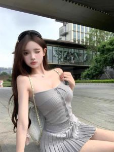 Gray Knitted Tube Top Vest Womens Casual Set Half Skirt Short Skirt Two Piece Set Pure Desire Style Autumn Winter Fashion