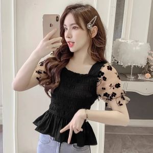 Mesh Patchwork Square Collar Puff Sleeve Chiffon Shirt Womens Summer Dress 2024 New Arrival Silm All-Matching Western Style Waist-Controlled Top