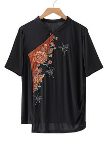 เสื้อยืดคอตตอนยืดหยุ่นสูงปักลายสไตล์ชาติพันธุ์แขนสั้นฤดูร้อนสำหรับผู้หญิง เสื้อยืดคอตตอนผสมโพลีเอสเตอร์ ทรงหลวม แขนสั้น คอตตอน