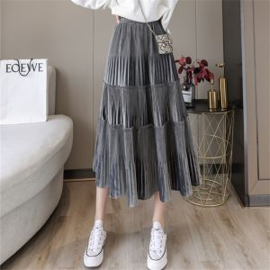 Korean Style High Waist Cake Skirt Velvet Mid-Length A-Line Midi Skirt Slimming Versatile Autumn Winter plus Size Elastic Waist