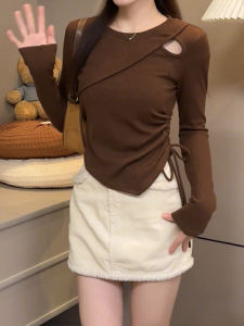 Autumn New Fashion Womens Slim Fit Long Sleeve T-Shirt Coffee Color Retro High Street Elastic Texture Top Commute Style UV Protection