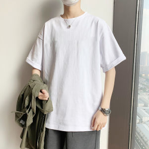 Loose Basic Solid Color Mens T-shirt Short Sleeve Mid-Sleeve Base Shirt Simple Heavy Body Trendy Brand round Neck Print Casual