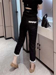 กางเกงยีนส์ทรงตรงเอวสูงไซส์ใหญ่ สีดำ ทรงหลวม ทรงสลิมฟิต สำหรับผู้หญิง ทรงลำลอง ผ้าเดนิมผสมคอตตอน ซิป