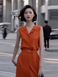 Váy Sơ Mi Tay Ngắn Màu Cam Thanh Lịch Mùa Hè 2025 Cho Nữ Váy Midi Cổ Chữ V Váy Công Sở Bằng Vải Polyester