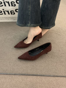Red Pointed Toe mid Heel Fashionable Grandmother Shoes Womens Single Shoes Korean Style Ultrafine Fiber Upgraded Glueing Process