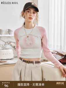 OLrain American Style Long Sleeve T-Shirt Womens Spring New Slim Fit Color Block Casual Short Top Fashionable Commute