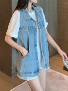 Trendy Denim Vest Outerwear Womens Casual Versatile Spring New Style Commute Pocket Detail Polyester Fiber Cotton Lined