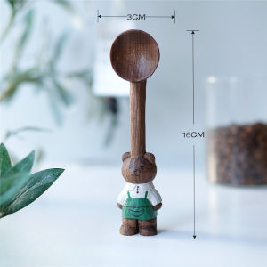 JUSTINLAU | JUSTINLAU Cute Bear Coffee Spoon Hand Carved Walnut Wood Stirring Spoon Creative Tableware Dessert Tea Spoon Kitchen Decor