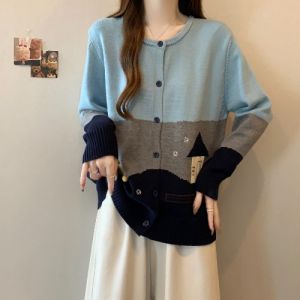 Christmas Tree Sky Blue Womens Knitted Sweater Jacket Shoulder Lengthened Anti-Aging Top plus Size Comfortable Winter Outerwear